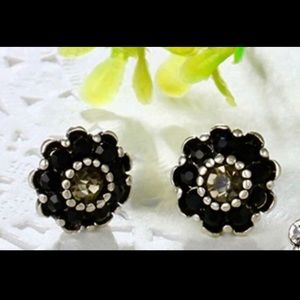 Black silver and crystal scalloped studs
